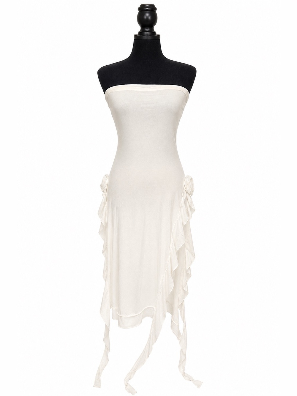 WHITE STRAPLESS WATERFALL DRESS WITH ROSE DETAIL